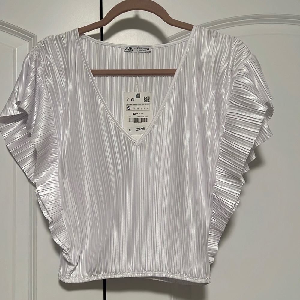 ZARA Pleated White Metallic Blouse